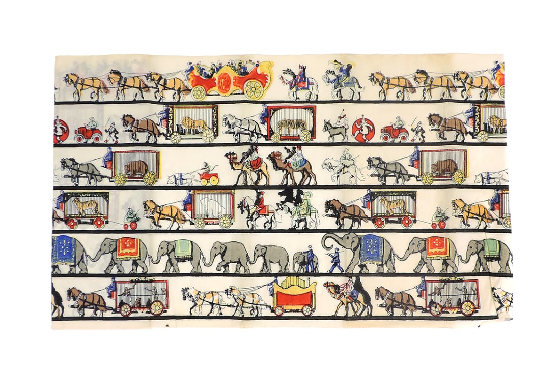 Dennison's Decorated Crepe-Paper, Dennison Mfg Co.-Framingham, Mass USA, ha: Dennison's Decorated Crepe-Paper, Dennison Mfg Co.-Framingham, Mass USA, hand-made circus pattern, c.1920s, VG cond w/slight fading, 20"H x 118.5"L.