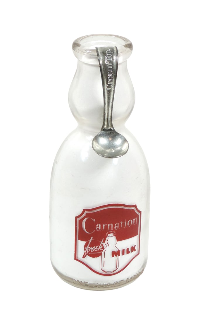 Advertising Milk Bottle, Carnation Fresh Milk qt w/cream top & Cream Top sp: Advertising Milk Bottle, Carnation Fresh Milk qt w/cream top & Cream Top spoon dated 1924, applied red labels on front & back, Exc cond, 9.75"H.