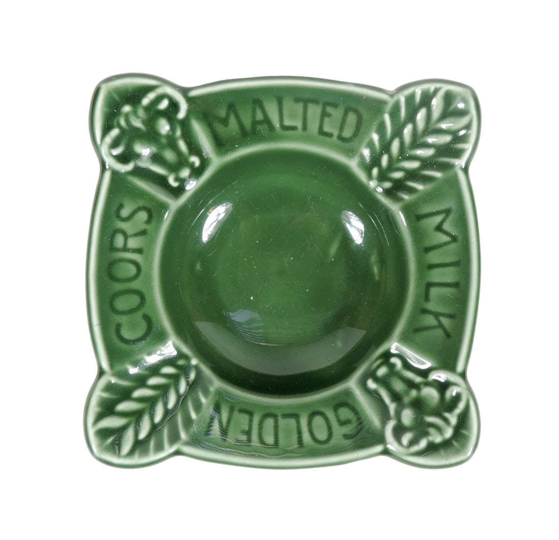 Breweriana Ashtray, Coors Malted Milk (powder), green glazed art pottery w/ (1 of 2)