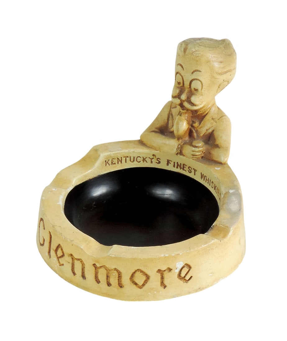 Breweriana Ashtray, Glenmore Kentucky's Finest Whiskies figural w/man at ba: Breweriana Ashtray, Glenmore Kentucky's Finest Whiskies figural w/man at bar, composition w/orig paint, 4"H x 5"Dia.