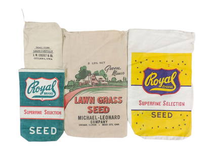 Seed bags (4), Royal Brand Superfine Selections Seed Chase Bag Co.-Kansas C: Seed bags (4), Royal Brand Superfine Selections Seed Chase Bag Co.-Kansas City 361, Green Manor Lawn Grass Seed-Michael-Leonard Co.-Chicago, IL-Sioux City, IA, small items J.W. Edgerly & Co., Ottumwa,