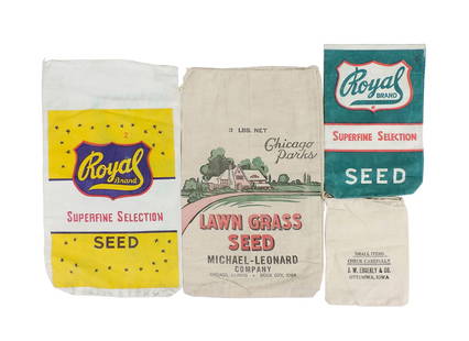 Seed bags (4), Royal Brand Superfine Selections Seed Chase Bag Co.-Kansas C: Seed bags (4), Royal Brand Superfine Selections Seed Chase Bag Co.-Kansas City 361, Green Manor Lawn Grass Seed-Michael-Leonard Co.-Chicago, IL-Sioux City, IA, small items J.W. Edgerly & Co.-Ottumwa,