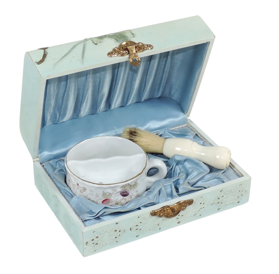Victorian Shaving Set, embossed floral celluloid fitted box w/porcelain sha (1 of 2)