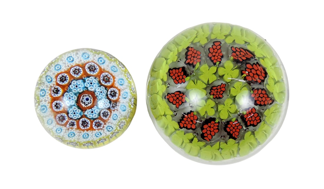 Murano Glass paperweight (2) millefiori glass, Irish good luck clover w/ori: Murano Glass paperweight (2) millefiori glass, Irish good luck clover w/orig sticker, Barovier & Toso, Federici gift shop Gavalieri Hilton Roma, Italy, up to 3"H x 3"W.