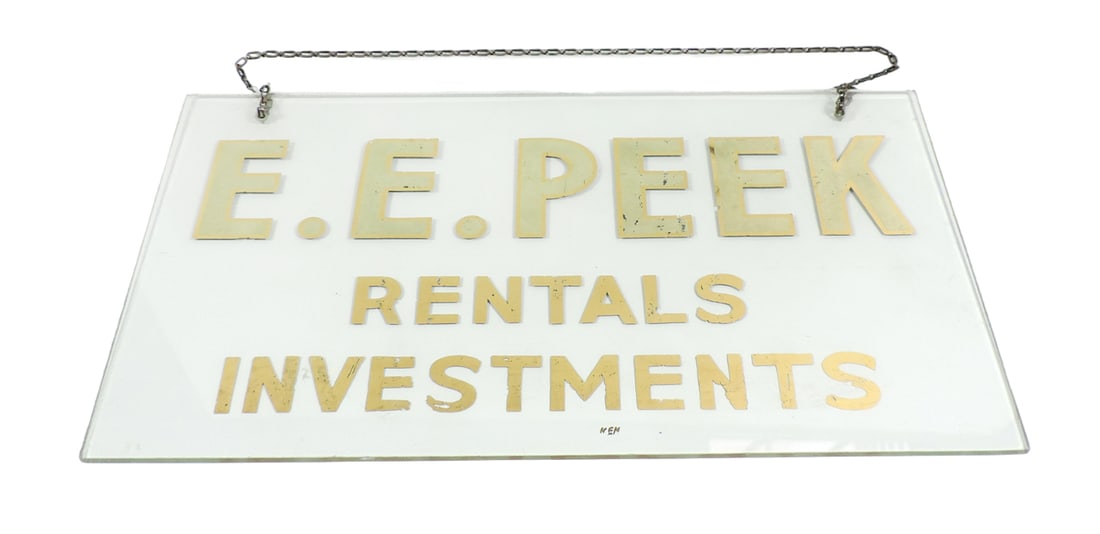 Rentals & Investments Advertising Sign, E.E. Peek, reverse gold painted gla (1 of 2)