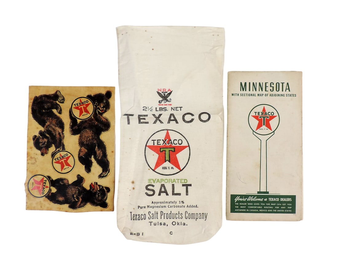 Automotive, Texaco, 2 1/2 lbs net Texaco evaporated salt bag Texaco Salt Pr: Automotive, Texaco, 2 1/2 lbs net Texaco evaporated salt bag Texaco Salt Products Co., Tulsa OK B-B1, Texaco Minnesota w/sectional map of adjoining states, road surface conditions edited to 2nd Januar