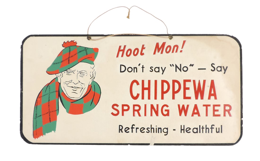 Advertising Sign, Chippewa Spring Water, heavy embossed litho on cdbd, VG c: Advertising Sign, Chippewa Spring Water, heavy embossed litho on cdbd, VG cond w/some age-related wear, 7"W x 14"L.