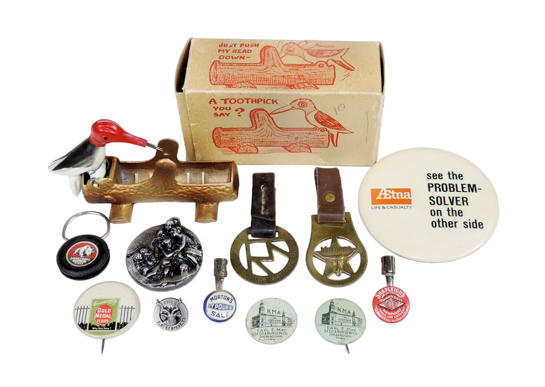 Advertising Smalls (12), San-i-Pik woodpecker toothpick holder, S&S Sales C: Advertising Smalls (12), San-i-Pik woodpecker toothpick holder, S&S Sales Co., Portland, OR w/orig box, Eventually Gold Medal Flour & Earl E. May Seed & Nursery Co., Shenandoah, IA, mfgd by Geraghty &