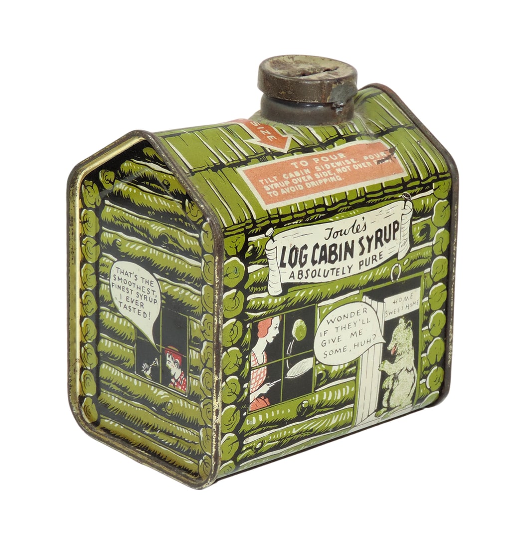 Advertising Tin, Towle's Log Cabin Syrup, colorful litho on tin w/slot in c (1 of 3)