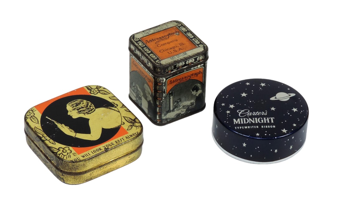 Advertising typewriter tins (3), Carter's Midnight, Addressograph & Wonder (1 of 1)
