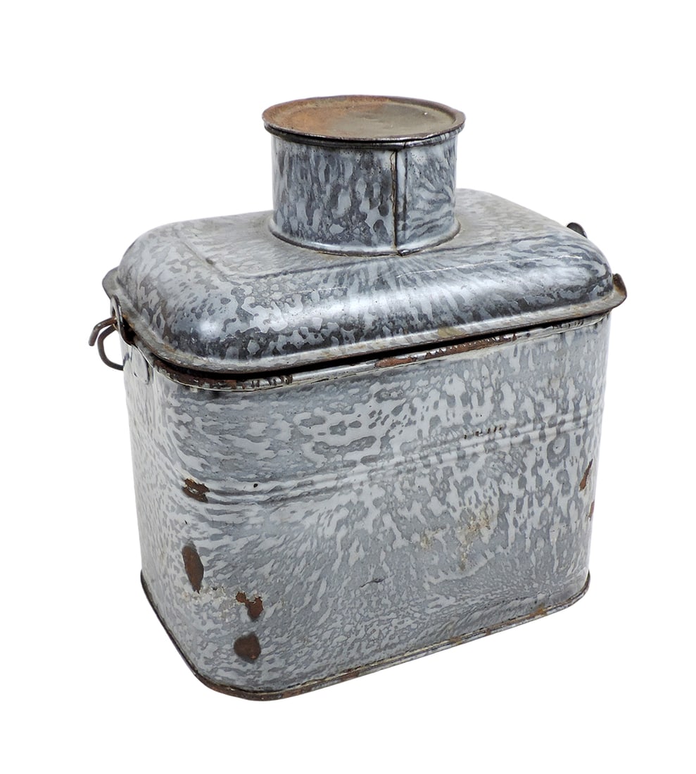 Lunch pail, speckled gray enamel, wooden handle, VG cond w/minor rust/wear, (1 of 2)