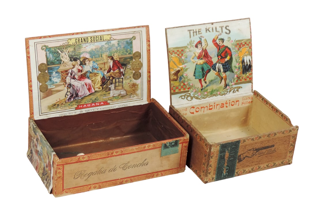 Cigar Boxes (2), Grand Social & The Kilts, both wood w/colorful paper label (1 of 2)