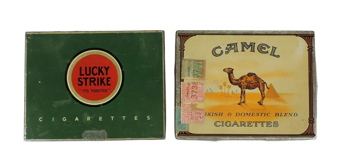 Cigarette Tins (2), Camels & Lucky Strike Green, colorful litho on tin in V (1 of 3)