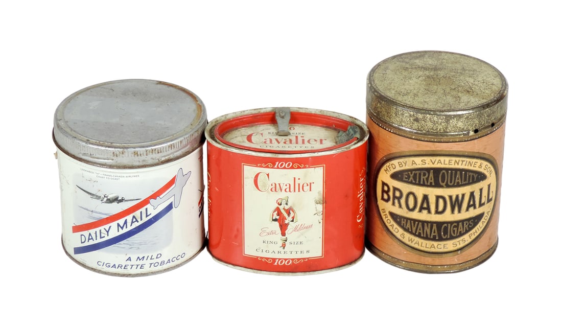 Tobacco Tins (3), Broadwall Havana Cigars w/embossed paper label, Daily Mai (1 of 2)