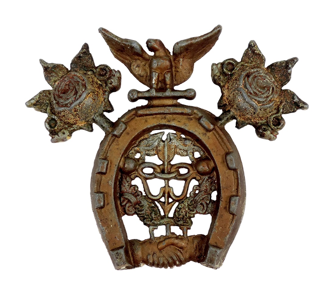 Fraternal Trivet, horseshoe w/roses & eagle, cast iron, VG cond, 6.5"L.: Fraternal Trivet, horseshoe w/roses & eagle, cast iron, VG cond, 6.5"L.