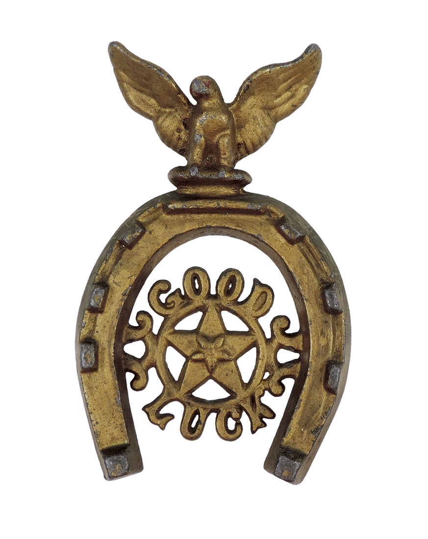 Good Luck Trivet, Eagle Top Star horseshoe, cast iron, VG cond w/some paint: Good Luck Trivet, Eagle Top Star horseshoe, cast iron, VG cond w/some paint loss, 6.5"L.