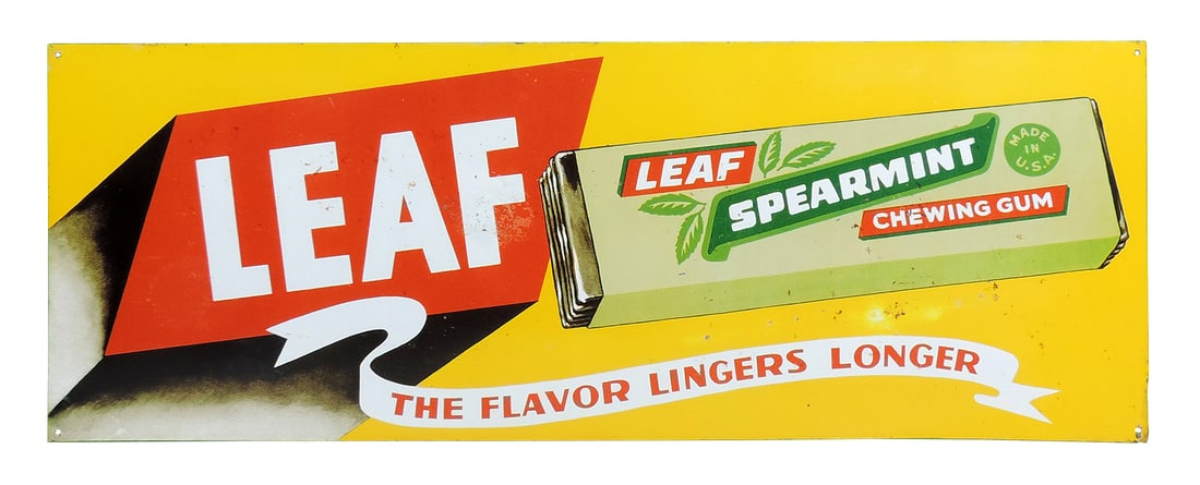 Chewing Gum Sign, Leaf Spearmint chewing gum, metal, VG cond w/some rust/we: Chewing Gum Sign, Leaf Spearmint chewing gum, metal, VG cond w/some rust/wear, 6"H x 25"W.