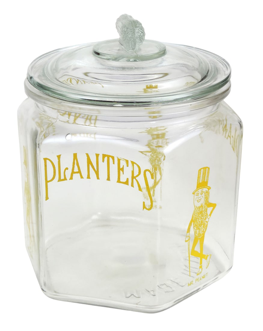 Planters Peanut Jar, hexagonal glass w/yellow Mr. Peanut & peanut on lid, m (1 of 2)