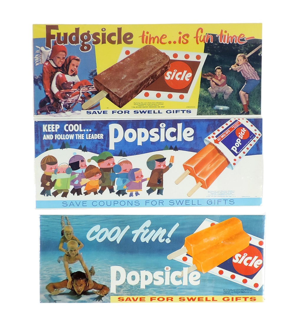 Popsicle & Fudgsicle Signs (3), litho on paper w/very colorful fun graphics: Popsicle & Fudgsicle Signs (3), litho on paper w/very colorful fun graphics,c.1960's, both Exc+ cond shrink-wrapped on foam core to protect, 5.5"H x 13"W.