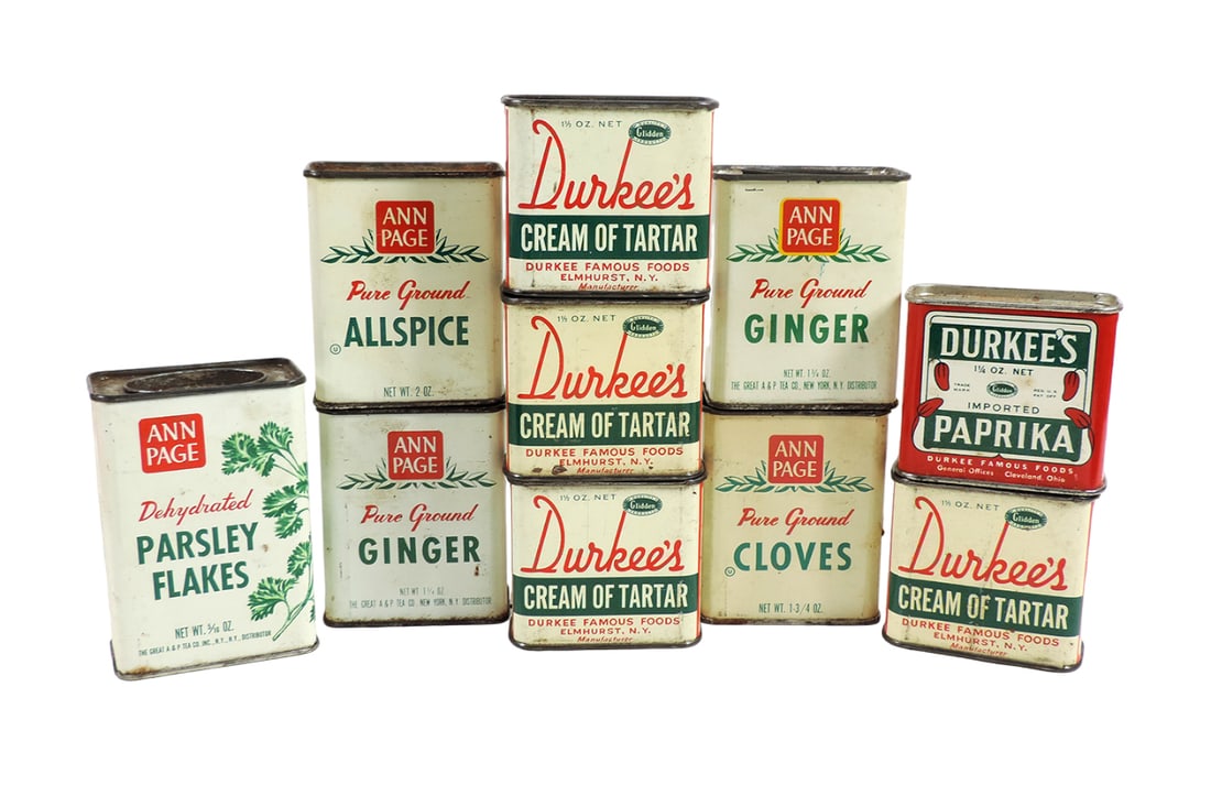 Vintage Spice Tins (10), Durkee's & Ann Page, all w/metal lids, most w/orig (1 of 2)
