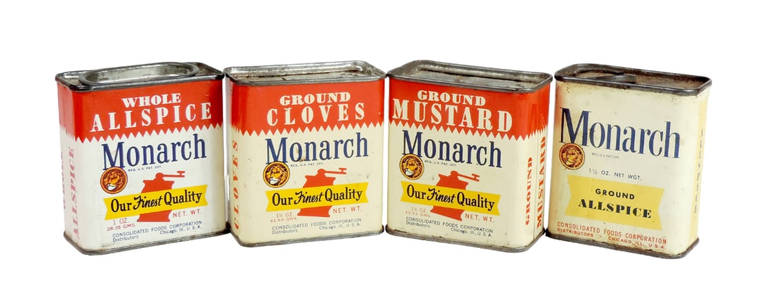 Vintage Spice Tins (4), Monarch Mustard, Whole Allspice, Cloves & earlier G (1 of 2)