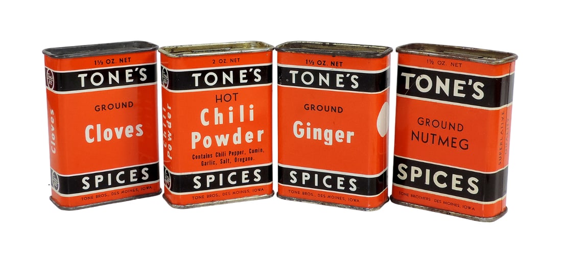 Vintage Spice Tins (4), Tones Ginger, Nutmeg, Cloves & Chili Powder, all w/ (1 of 2)