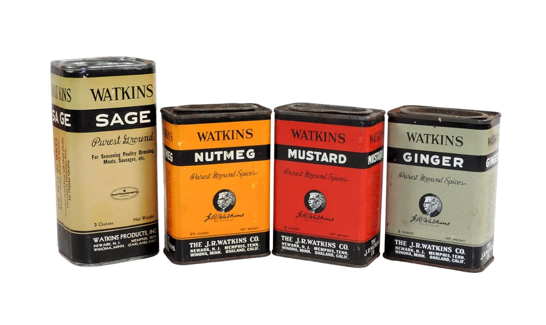 Vintage Spice Tins (4), Watkins Sage, Mustard, Nutmeg & Ginger, litho on ti (1 of 2)