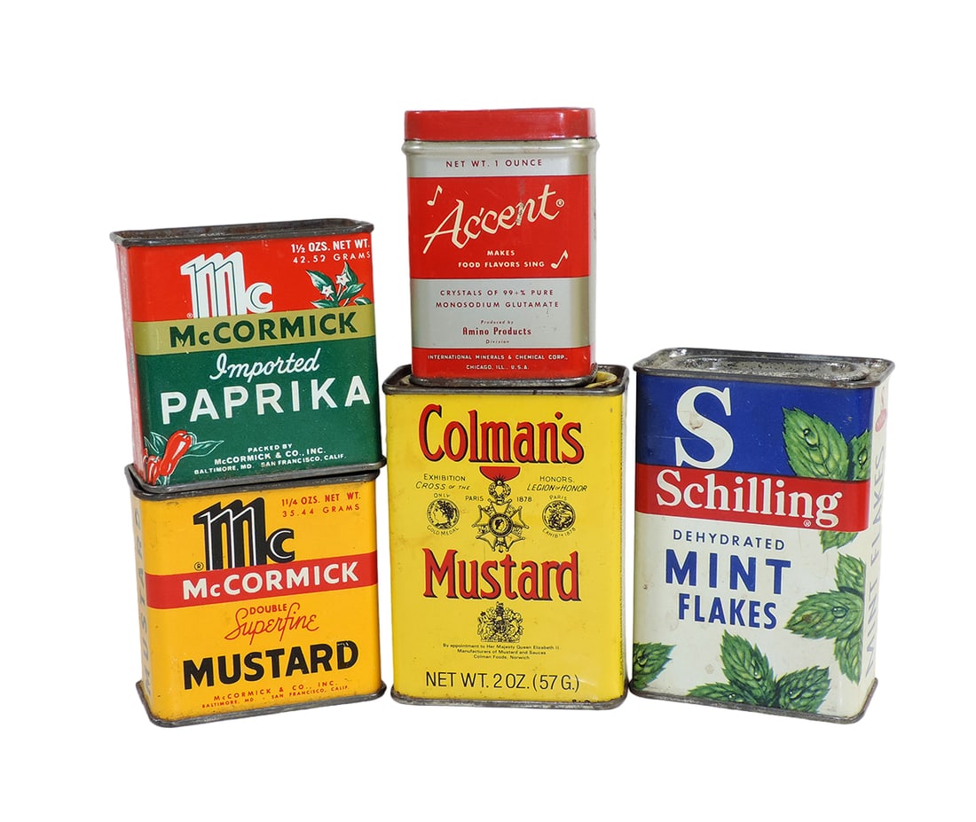Vintage Spice Tins (5), McCormick Paprika & Mustard, Schilling Mint Flakes, (1 of 1)