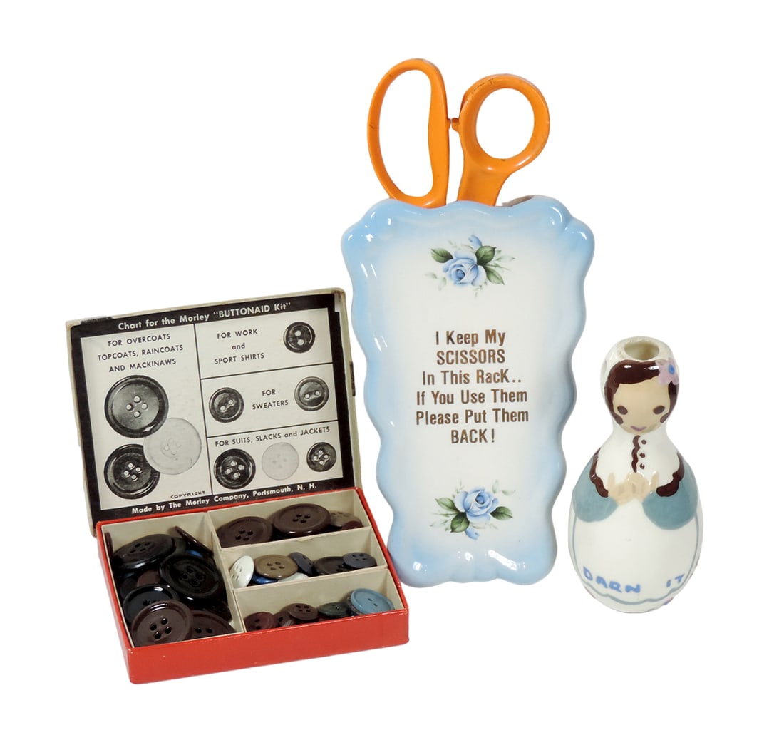 Sewing items (3), Cleminson Pottery "Darn It" darning doll, pottery wall mo (1 of 1)