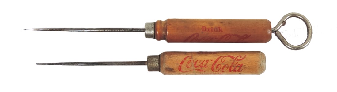 Coca-Cola Ice Picks (2), one w/bottle opener, both wood w/Drink Coca-Cola h (1 of 2)