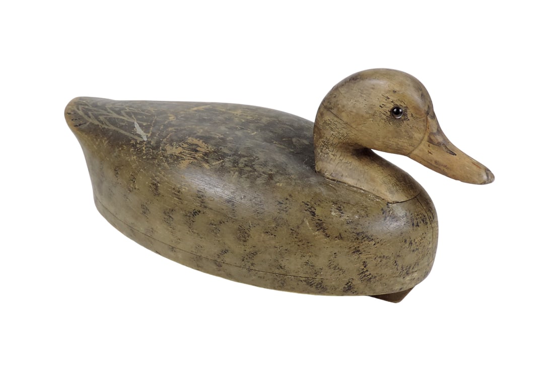 Duck decoy, unreadable maker's mark on bottom, solid body of hand-crafted w (1 of 2)
