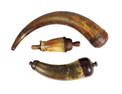 Powder horns (3), w/wood & brass ends, one w/tepee etching, one marked made