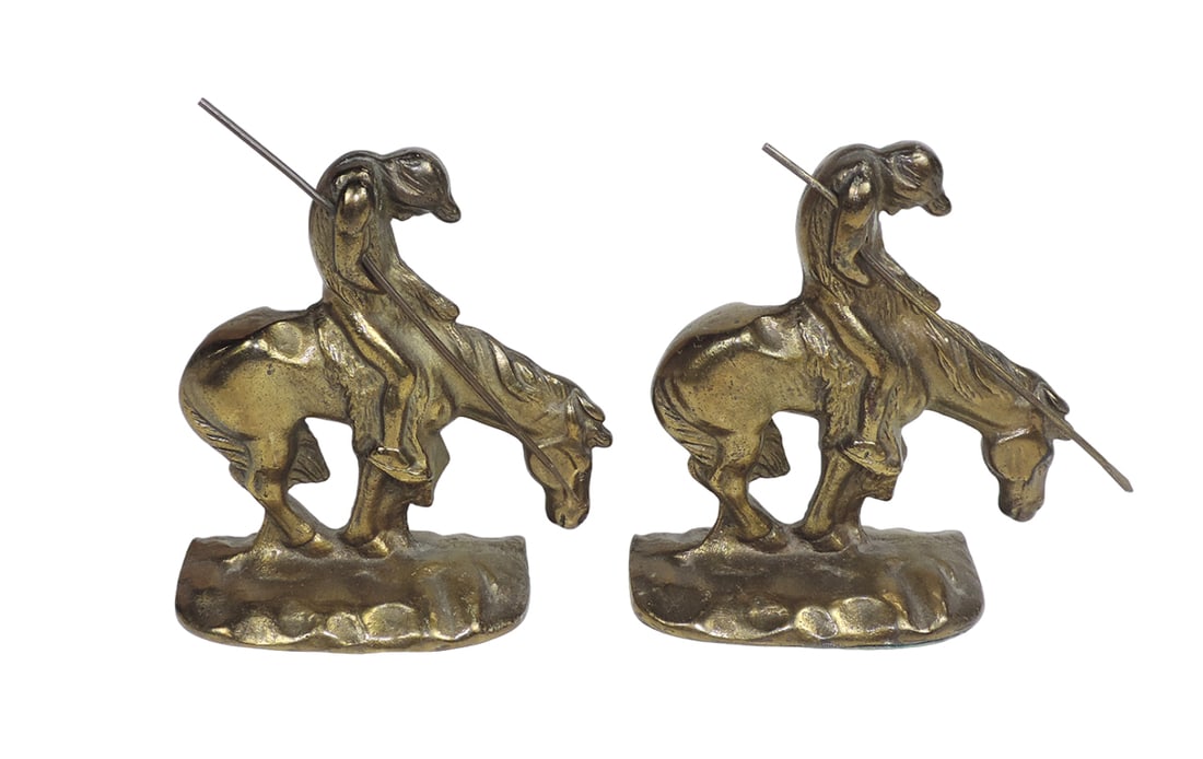 Native American Bookends, End of Trail, Indian warrior on horseback w/spear: Native American Bookends, End of Trail, Indian warrior on horseback w/spear, metal w/brass patina, VG cond, 5.5"H x 5.75"L.