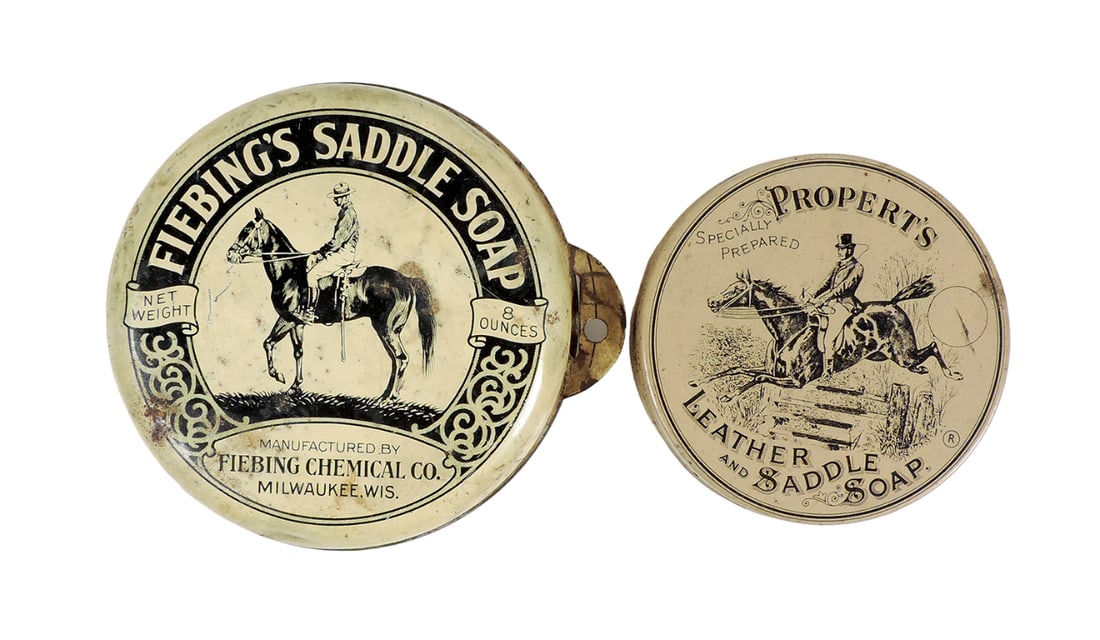 Saddle Soap Tins (2), Propert's & Fiebing's Leather & Saddle Soap w/horse &: Saddle Soap Tins (2), Propert's & Fiebing's Leather & Saddle Soap w/horse & rider graphics, c.1930's & 40's, VG+ & Good+ cond, up to 4"Dia.