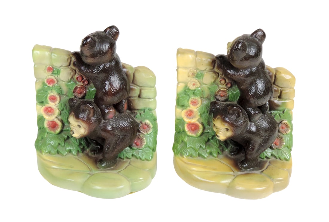 Western Bear Bookends, chalkware w/felt bottoms, by Arlis Inc., c.1949, Exc: Western Bear Bookends, chalkware w/felt bottoms, by Arlis Inc., c.1949, Exc cond, 5.5"W x 7"L.