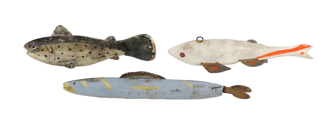 Folk Art fish decoys (3), ice fishing/spearing, wooden w/metal fins, VG con (1 of 1)
