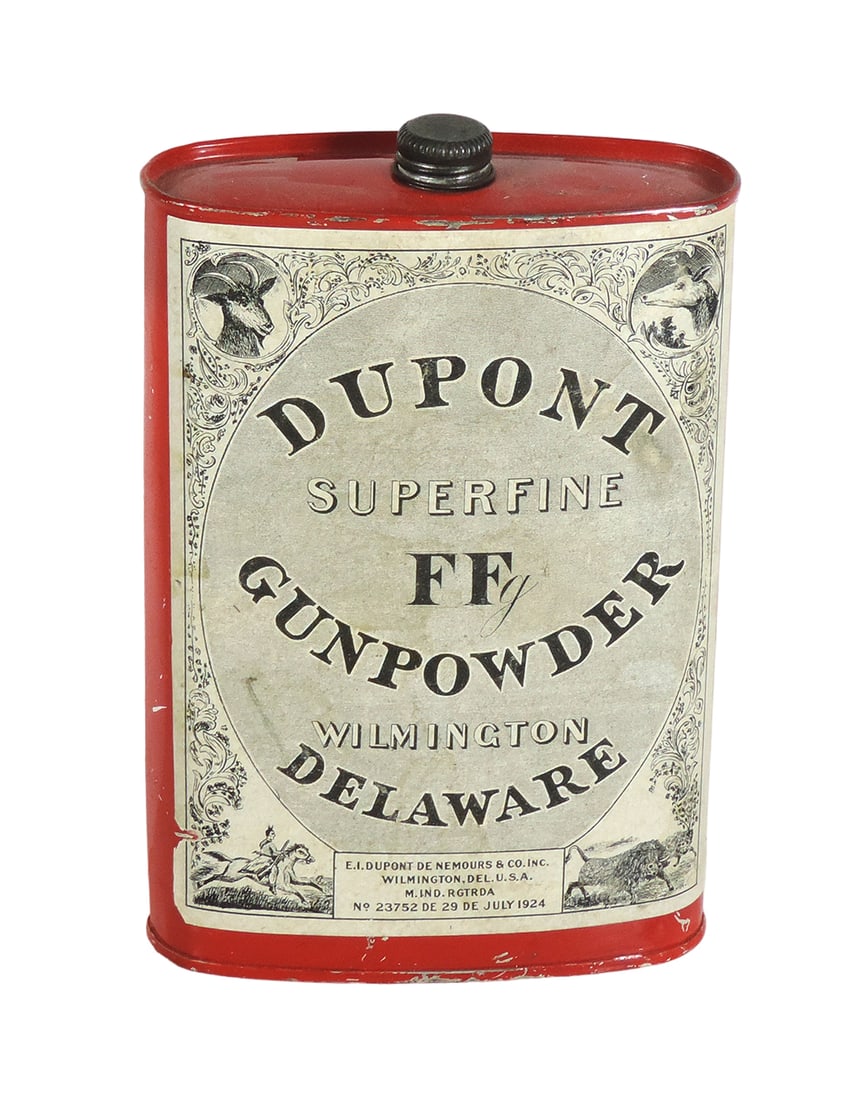 Gunpowder Tin, DuPont Superfine FF Gunpowder, red metal flask w/orig cap & (1 of 2)