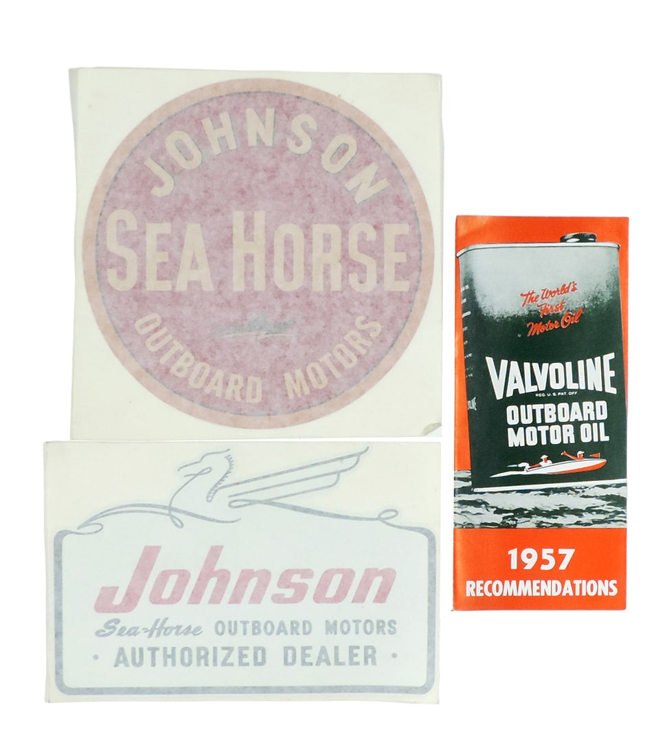 Boating Outboard Motor Decals & Brochure (3), Vintage Johnson Sea Horse Out: Boating Outboard Motor Decals & Brochure (3), Vintage Johnson Sea Horse Outboard Motor decals marked Orajet on back & 1957 Valvoline Outboard Motor Oil Recommendation foldout brochure, all in Exc cond