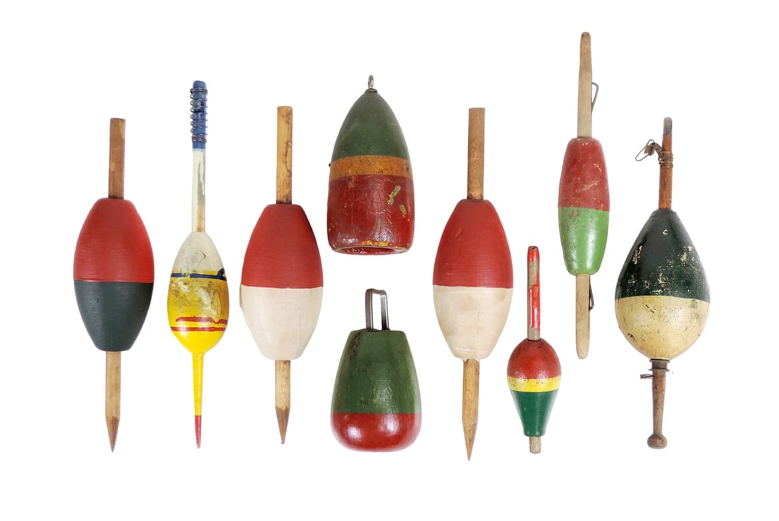 Vintage Fishing Bobbers (9), wood & cork, Good to VG cond, up to 5.5"L.: Vintage Fishing Bobbers (9), wood & cork, Good to VG cond, up to 5.5"L.