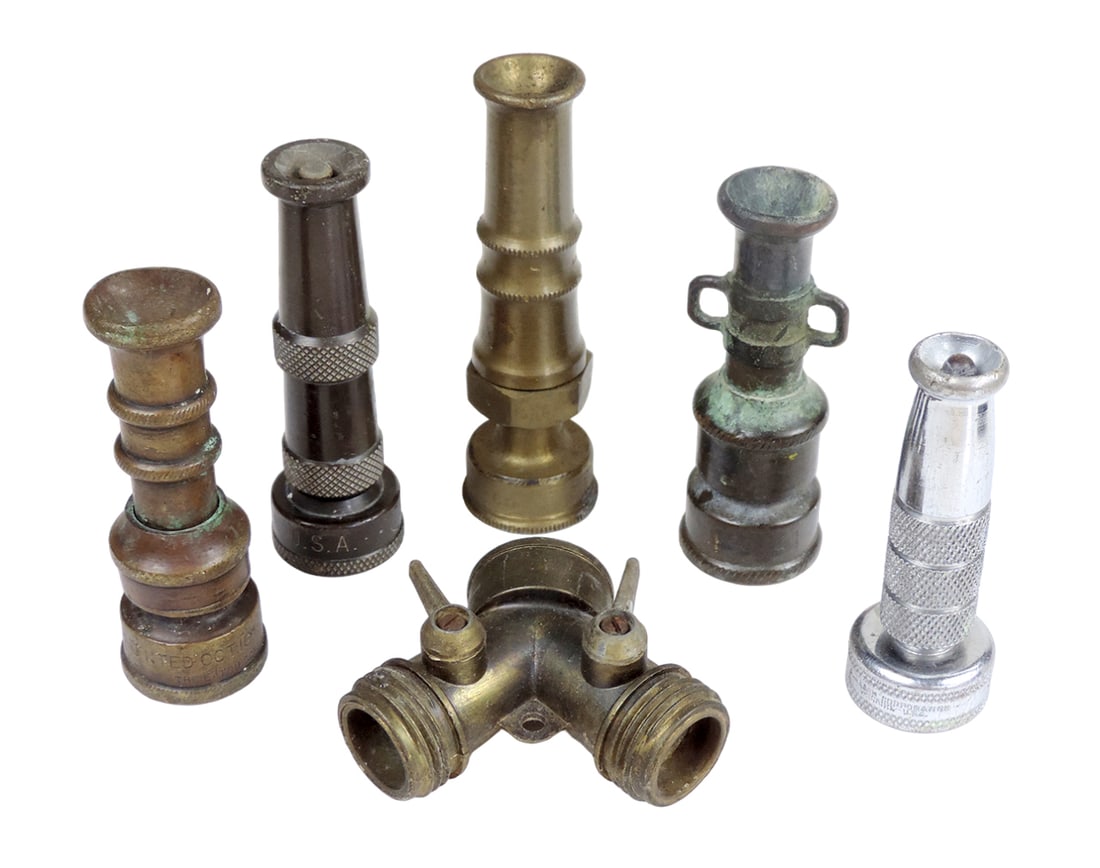 Water hose nozzles (6) GEM pat Oct 16, 1877/June 2, 1885, Cascade, Crane-GE: Water hose nozzles (6) GEM pat Oct 16, 1877/June 2, 1885, Cascade, Crane-GEM, Royal pat Italy, Rainking, splitter shut-off valve, brass, chrome, VG cond, up to 4.25"L