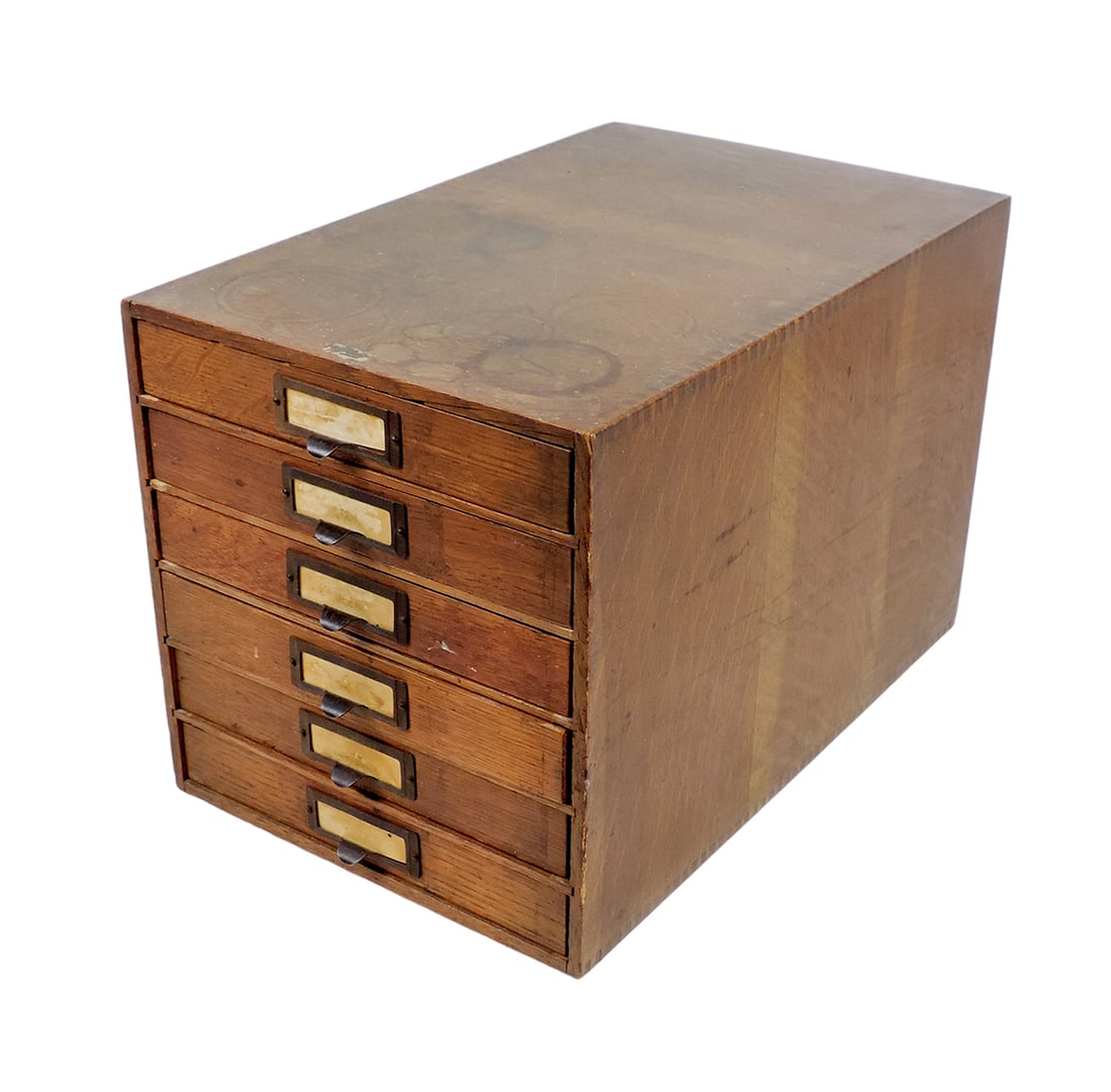 Weis table top storage box, wooden dovetail w/metal label slots, Good cond (1 of 2)