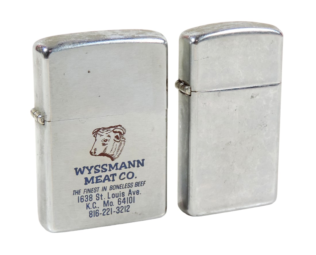 Vintage Lighters (2), both Zippo, engraved (No Suggestions) Meat Co."The Fi: Vintage Lighters (2), both Zippo, engraved (No Suggestions) Meat Co."The Finest in Boneless Beef"-K.C. MO & Slim Line, both chrome w/working mechanisms in Exc cond & 2.25"L.