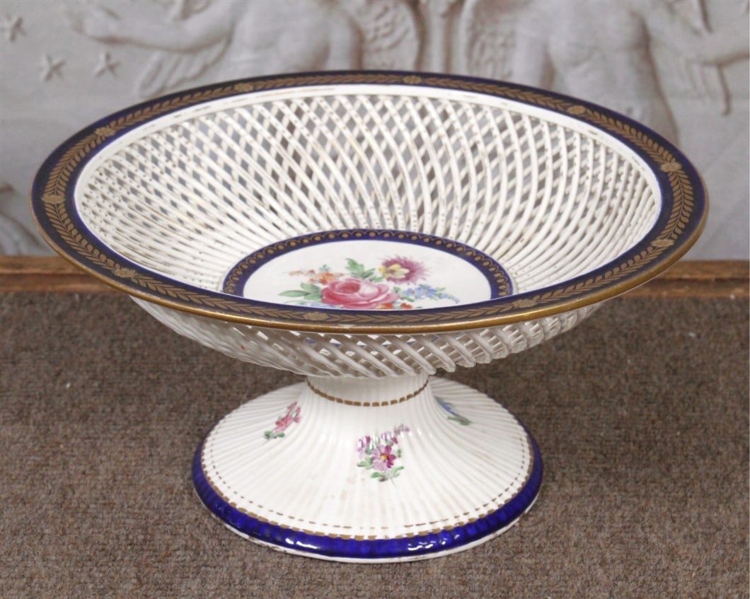 Dresden Germany  open basket weave console bowl with large hand painted florals, backstamp for (1 of 6)