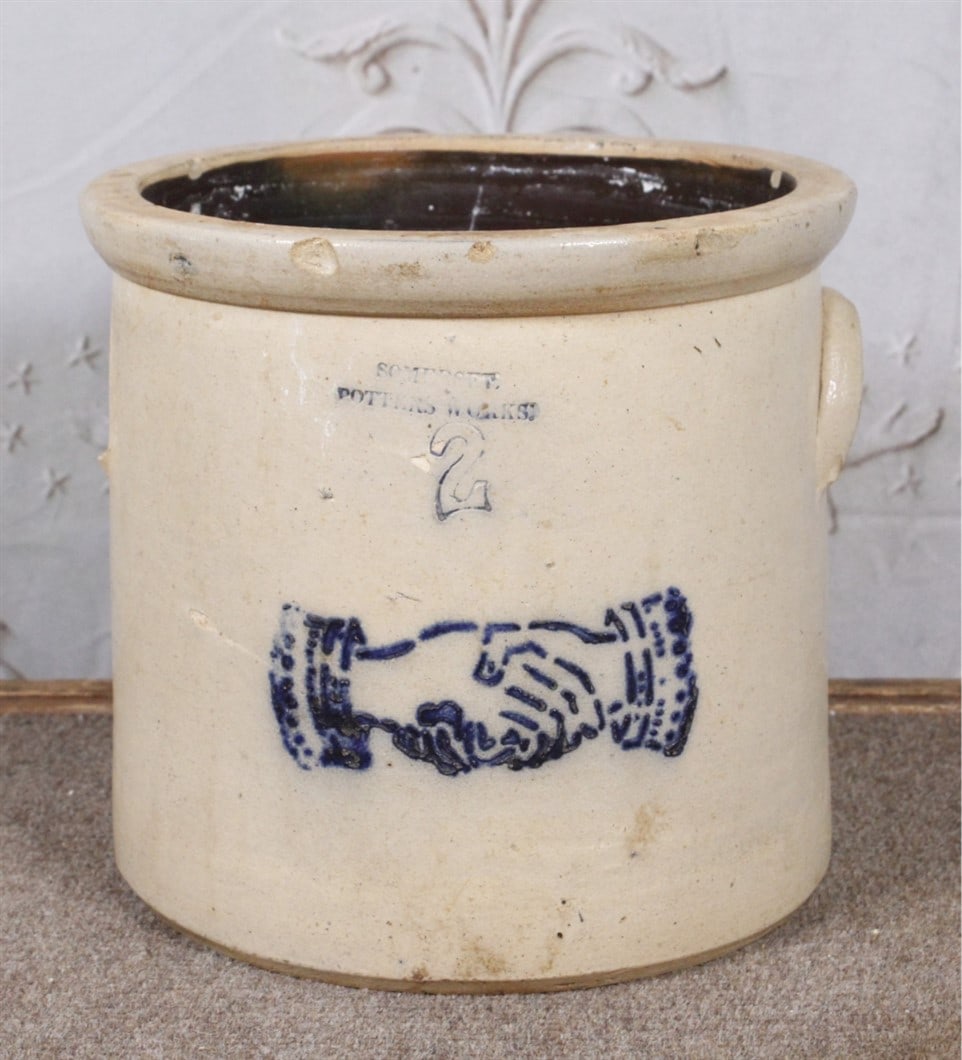A Sommerset Potters Works 2 Gal decorated stoneware crock w/stamped marks & handshake design, VG (1 of 5)
