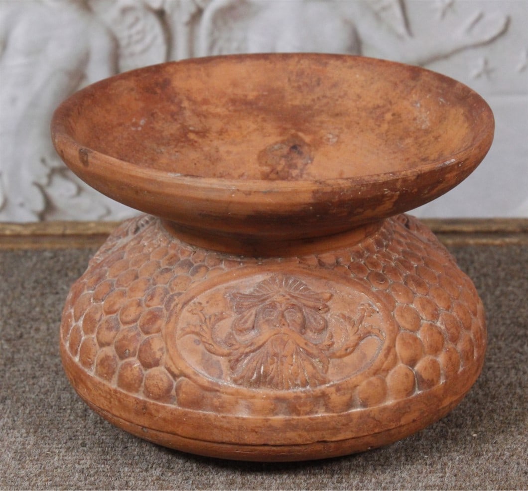 A 19th C. Redware Spittoon w/embossed grotesque facial masks, VG cond. 7.5"Dia. (1 of 3)