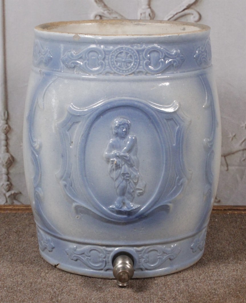 A Utica Stoneware Blue/grey Water Cooler w/embossed figure & scrolls, cover absent, VG w/some minor (1 of 3)