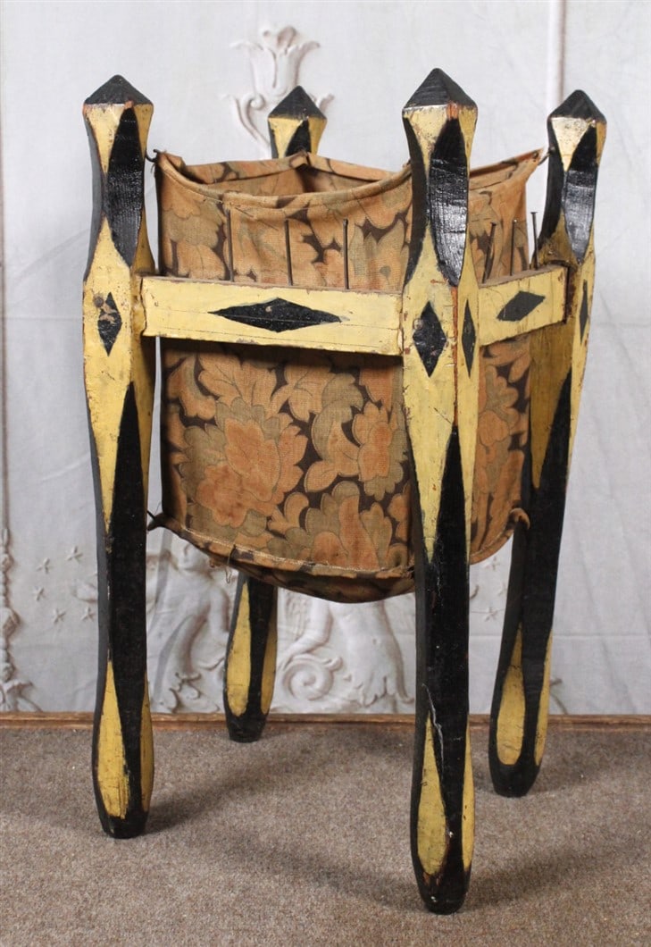 A Unique Folk Art Sewing Basket, carved & polychrome wood w/fabric bag, VG cond. 22"H. (1 of 4)