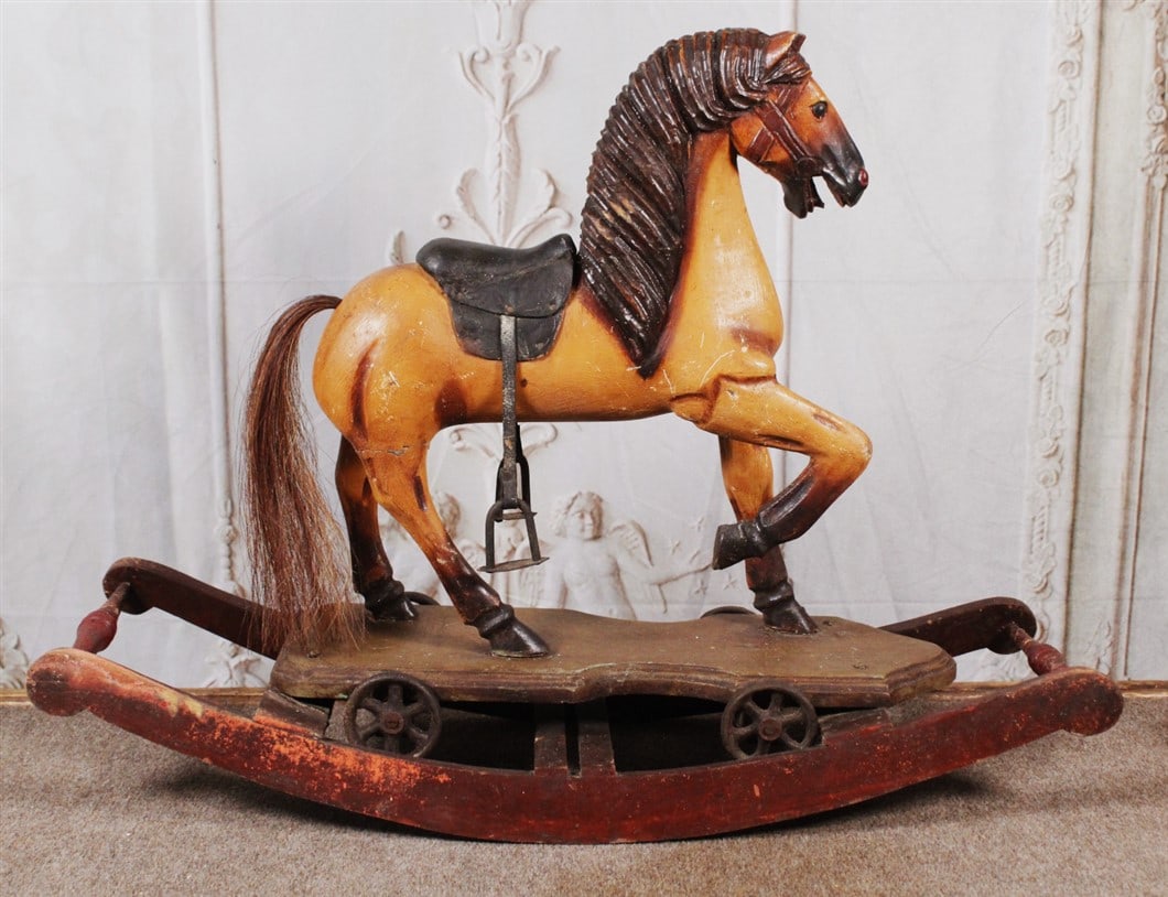 A Carved & Polychrome wood rocking horse/pull toy, early 20th C. w/leather seat, glass eyes, iron (1 of 7)