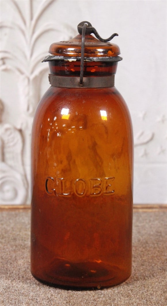An Amber Glass Globe Canning Jar w/orig lid and closure, Exc cond. 10.5"H. (1 of 1)
