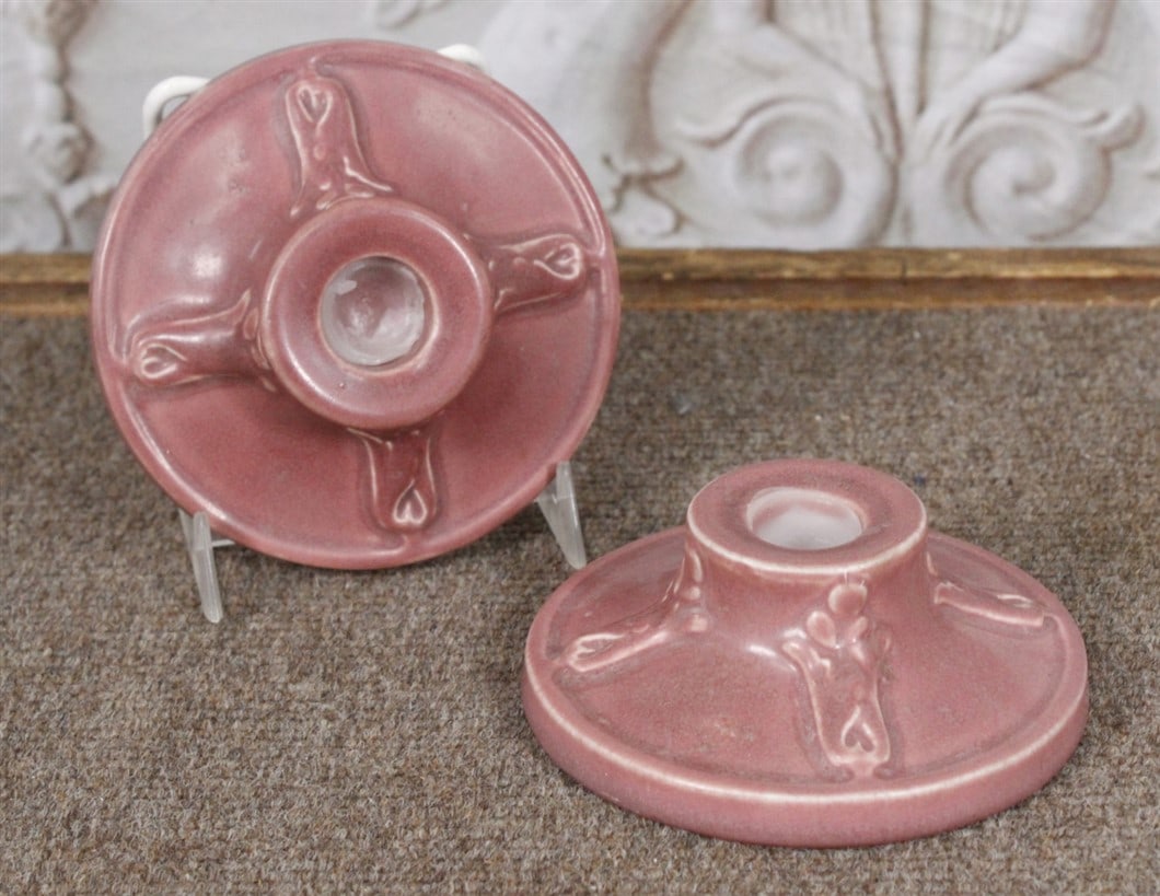 A Pair of 1919 Rookwood Art Pottery Candle Stands in pink matte, shape #2472, Exc cond. 5"Dia. (1 of 2)
